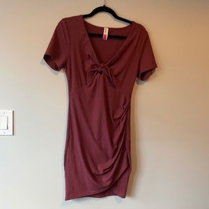 Rebellia berry colored midi dress with front tie and side ruching